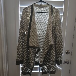 Green and Cream Open Front Cardigan Sweater
